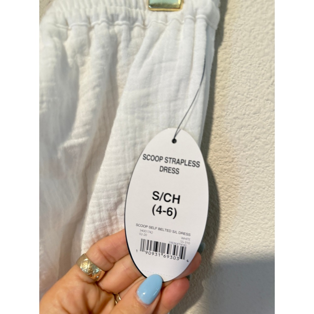 Scoop Womens Strapless White Gauze Midi Dress Smocked Waist Self Belt Small 4-6 - Picture 5 of 5